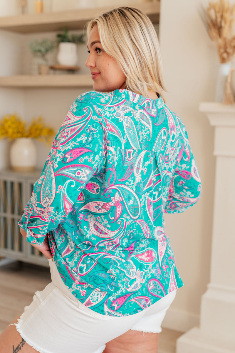 Lizzy Top in Aqua and Pink Paisley - Mack and Mav Boutique 