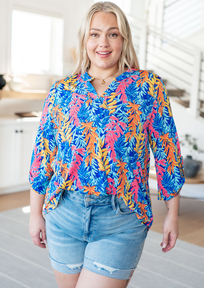 Lizzy Top in Blue and Pink Branches - Mack and Mav Boutique 