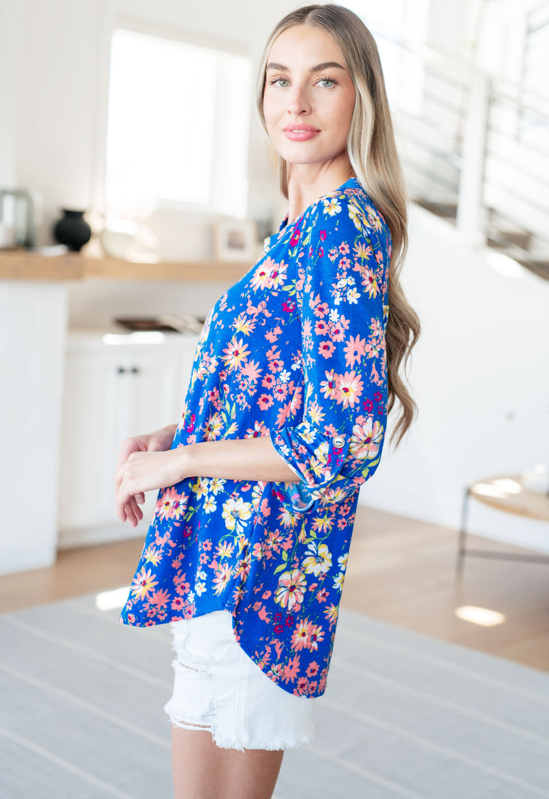 Lizzy Top in Royal and Blush Floral - Mack and Mav Boutique 