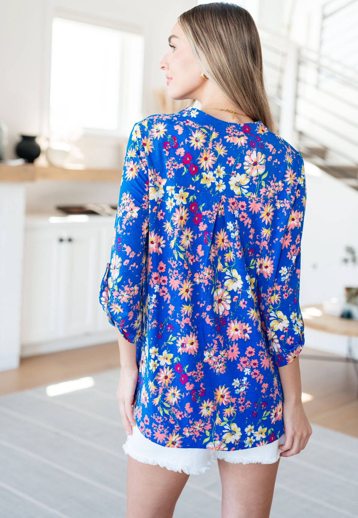 Lizzy Top in Royal and Blush Floral - Mack and Mav Boutique 