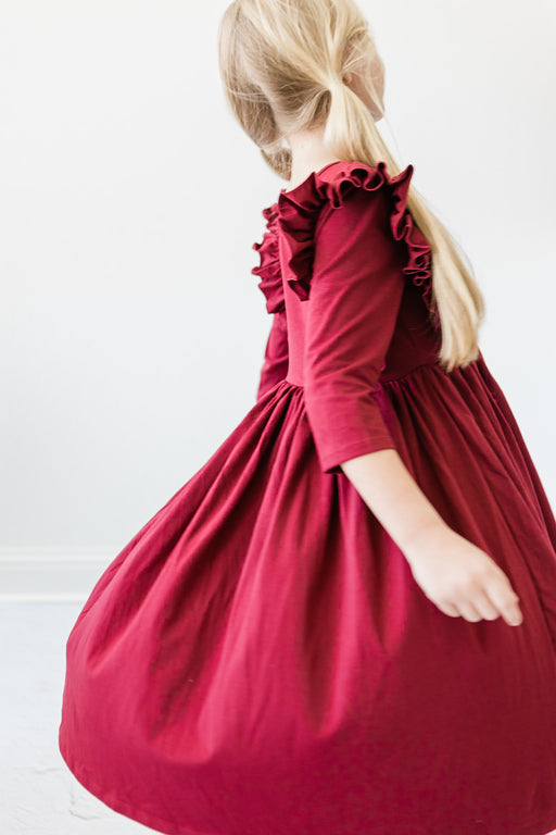 SALE Burgundy 3/4 Sleeve Ruffle Twirl Dress