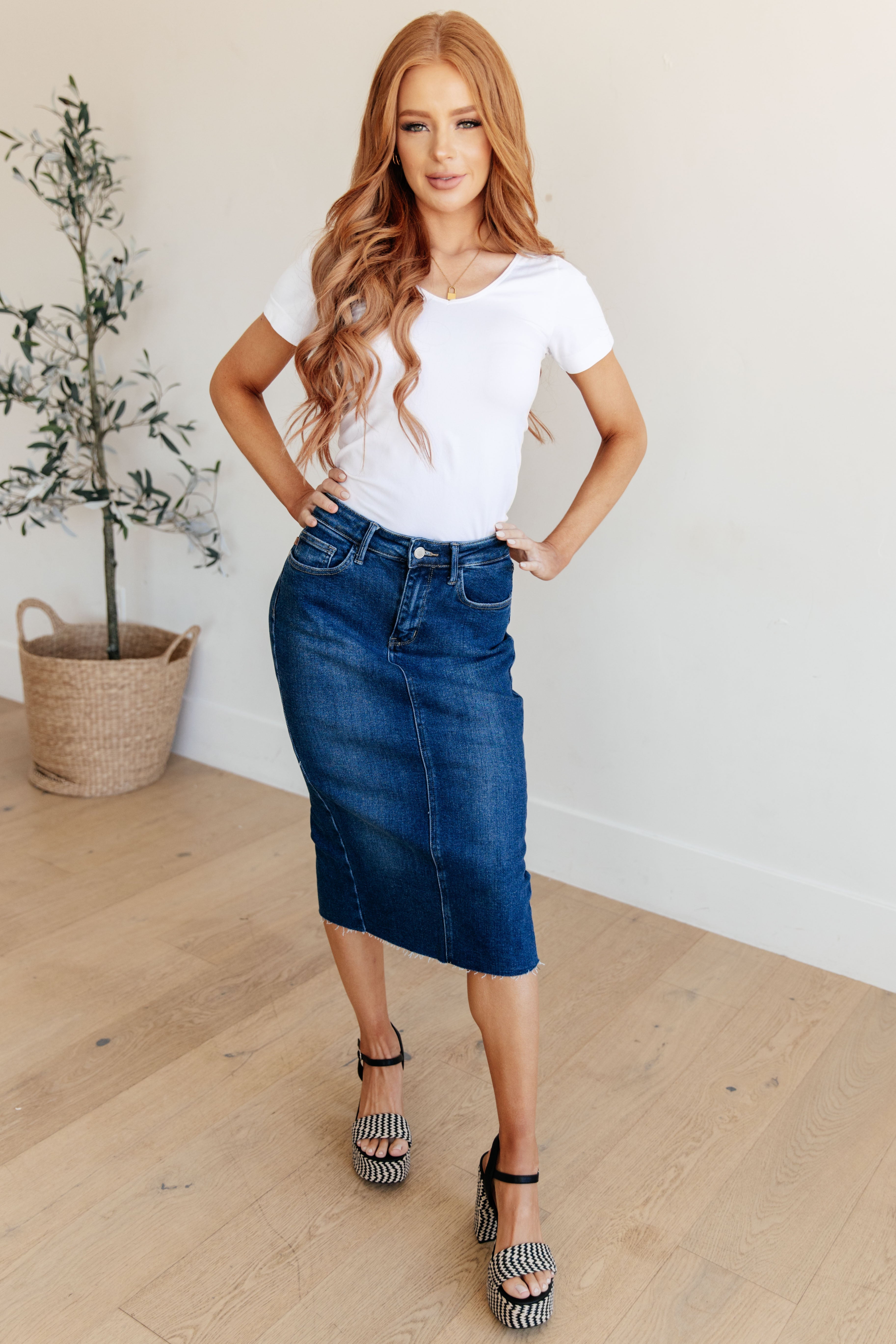 【INCHANT ME】675 Raw Denim Midi Skirt Denim Midi Skirt – Recollection