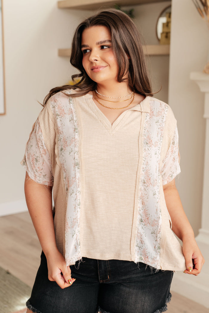 Mention Me Floral Accent Top in Toasted Almond - Mack and Mav Boutique 