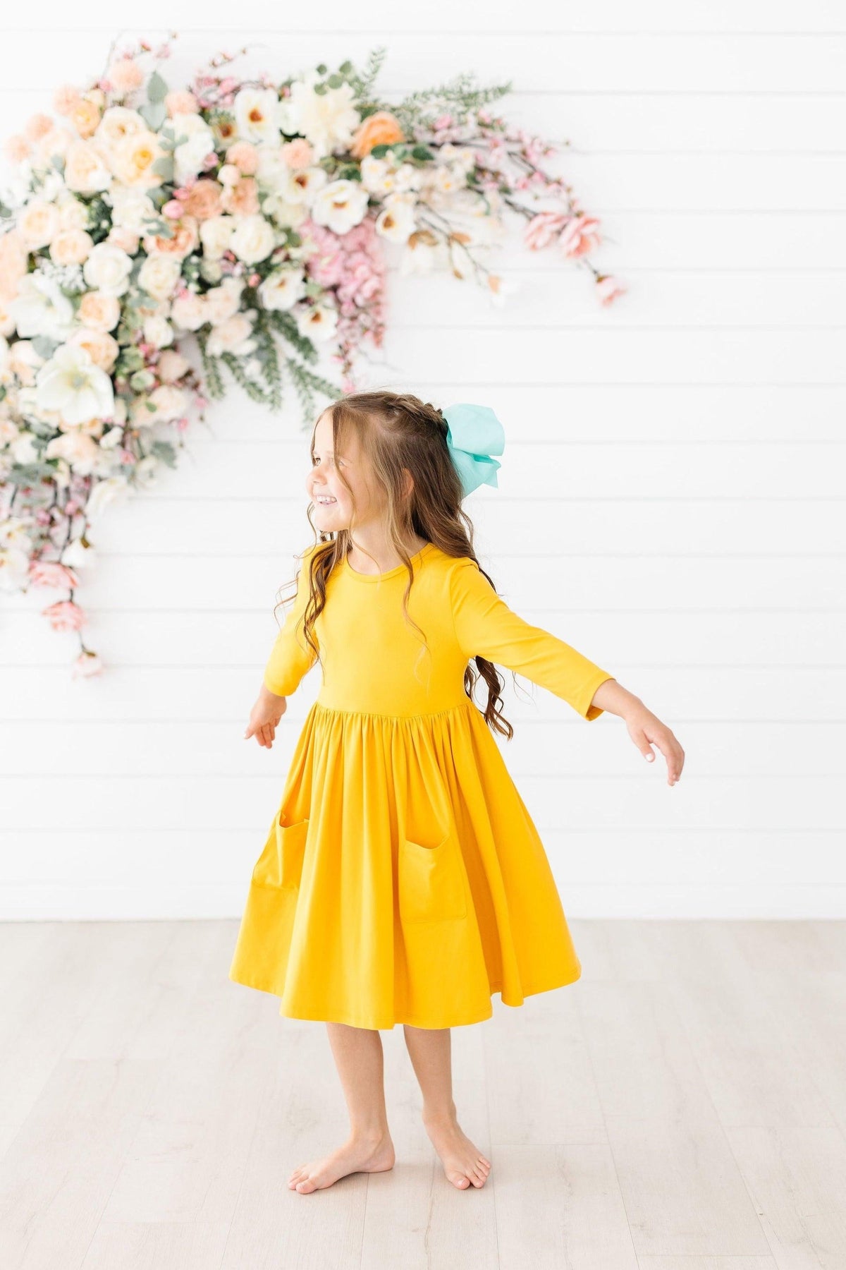 Mustard 3/4 Sleeve Pocket Twirl Dress