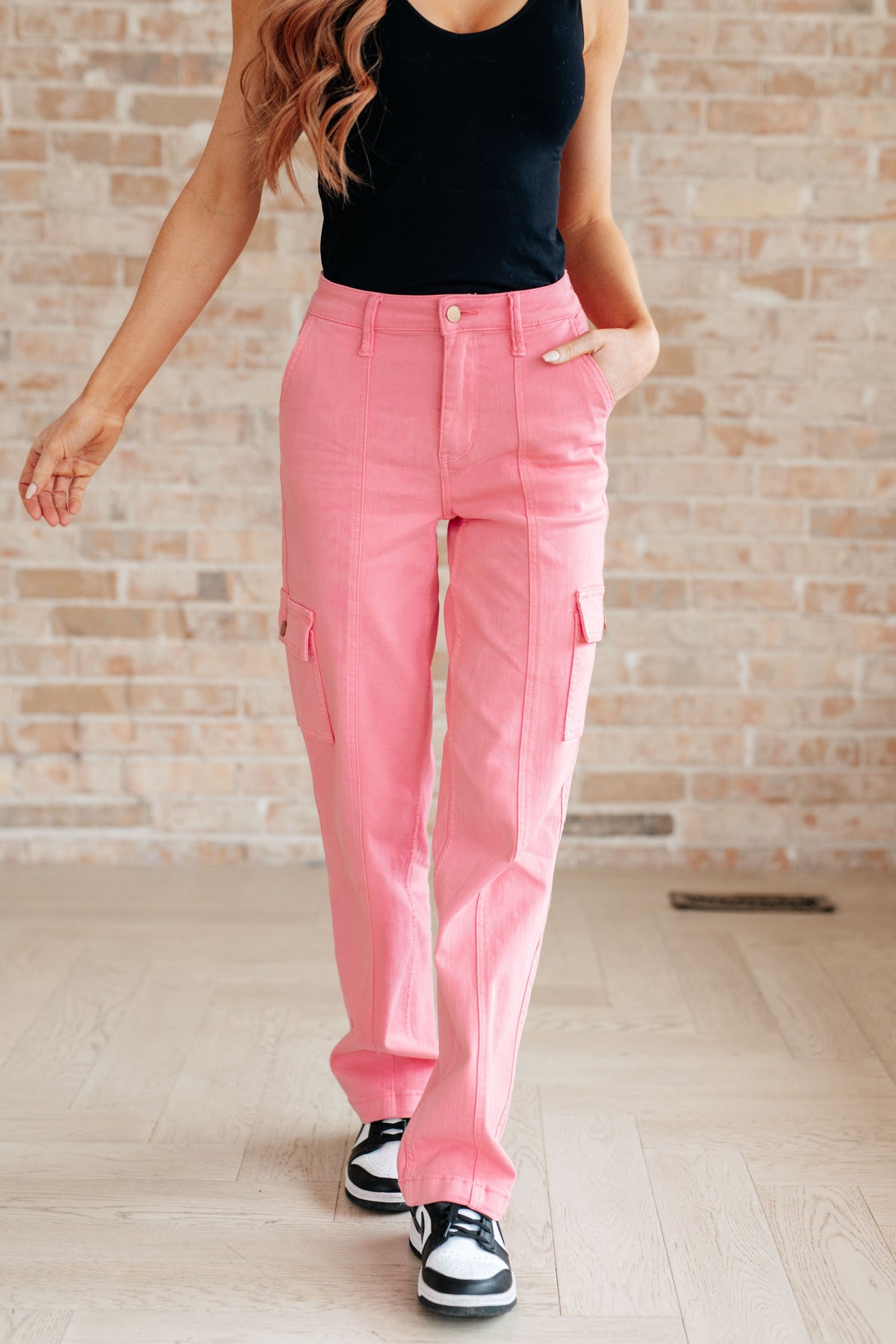 Peggy High Rise Cargo Straight Jeans in Pink - Mack and Mav Boutique 