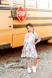 School is Cool 3/4 Sleeve Pocket Twirl Dress