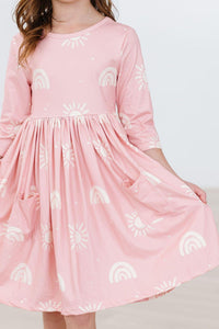 SALE Soft Pink Suns 3/4 Sleeve Pocket Twirl Dress
