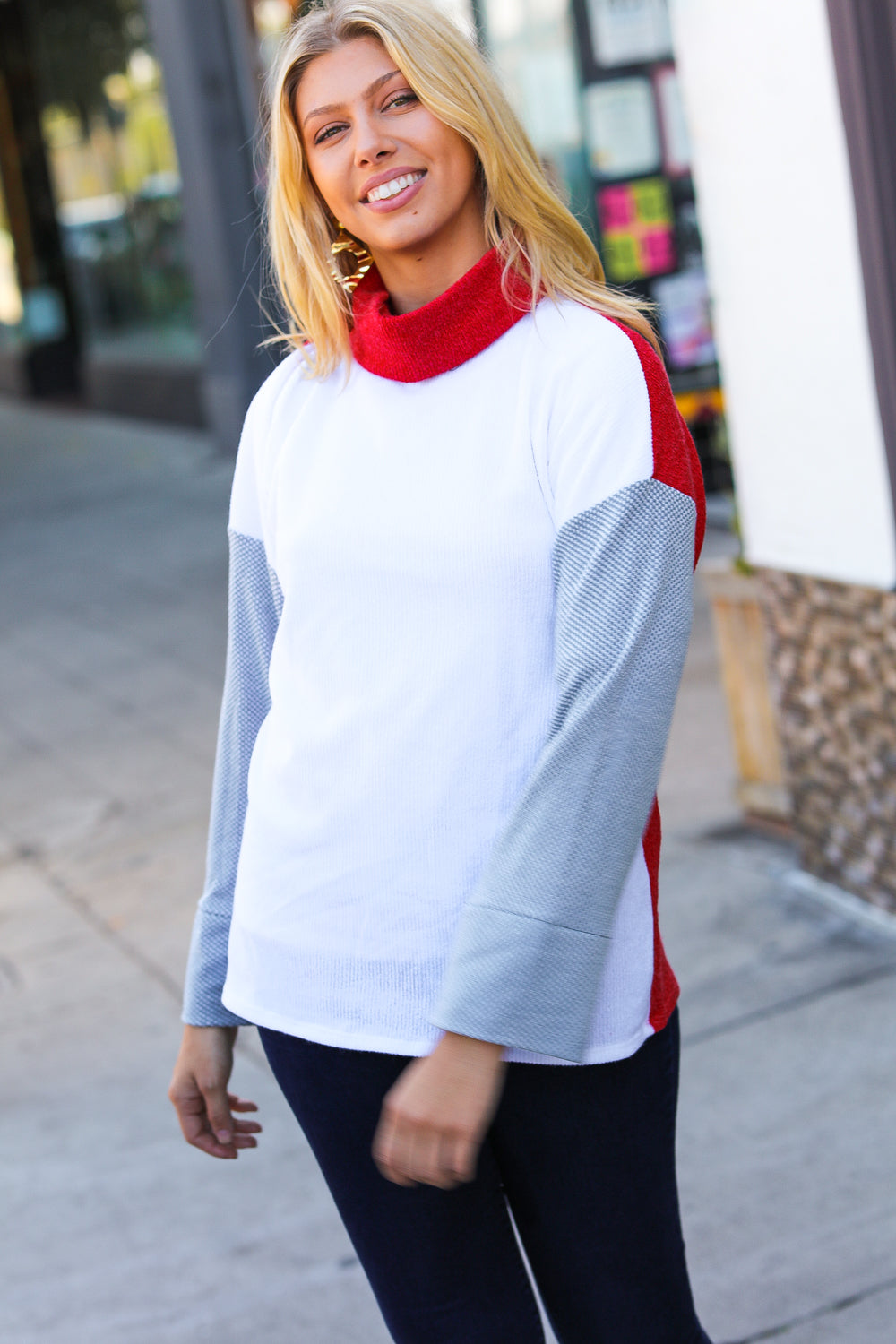 Red/White Hacci Color Block Jacquard Knit Turtleneck