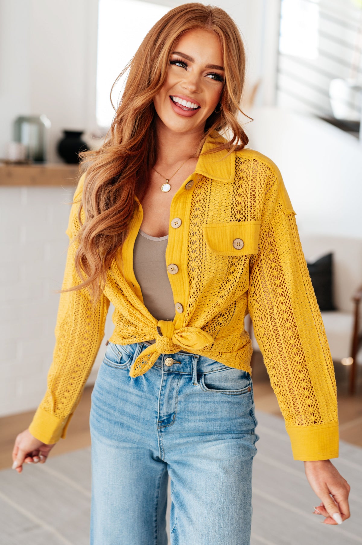 Sweeter Than Nectar Lace Button Down in Honey - Mack and Mav Boutique 