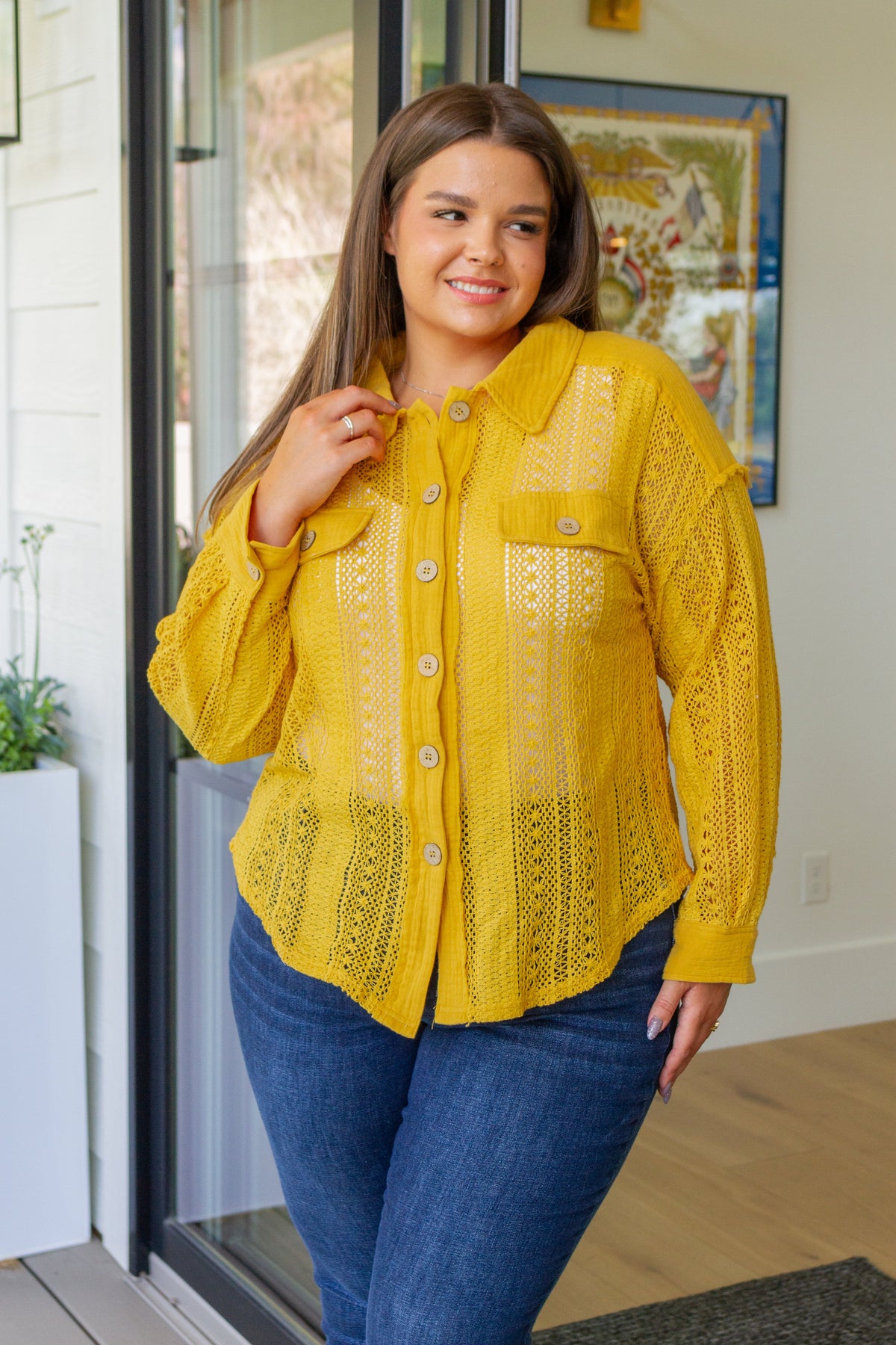 Sweeter Than Nectar Lace Button Down in Honey - Mack and Mav Boutique 