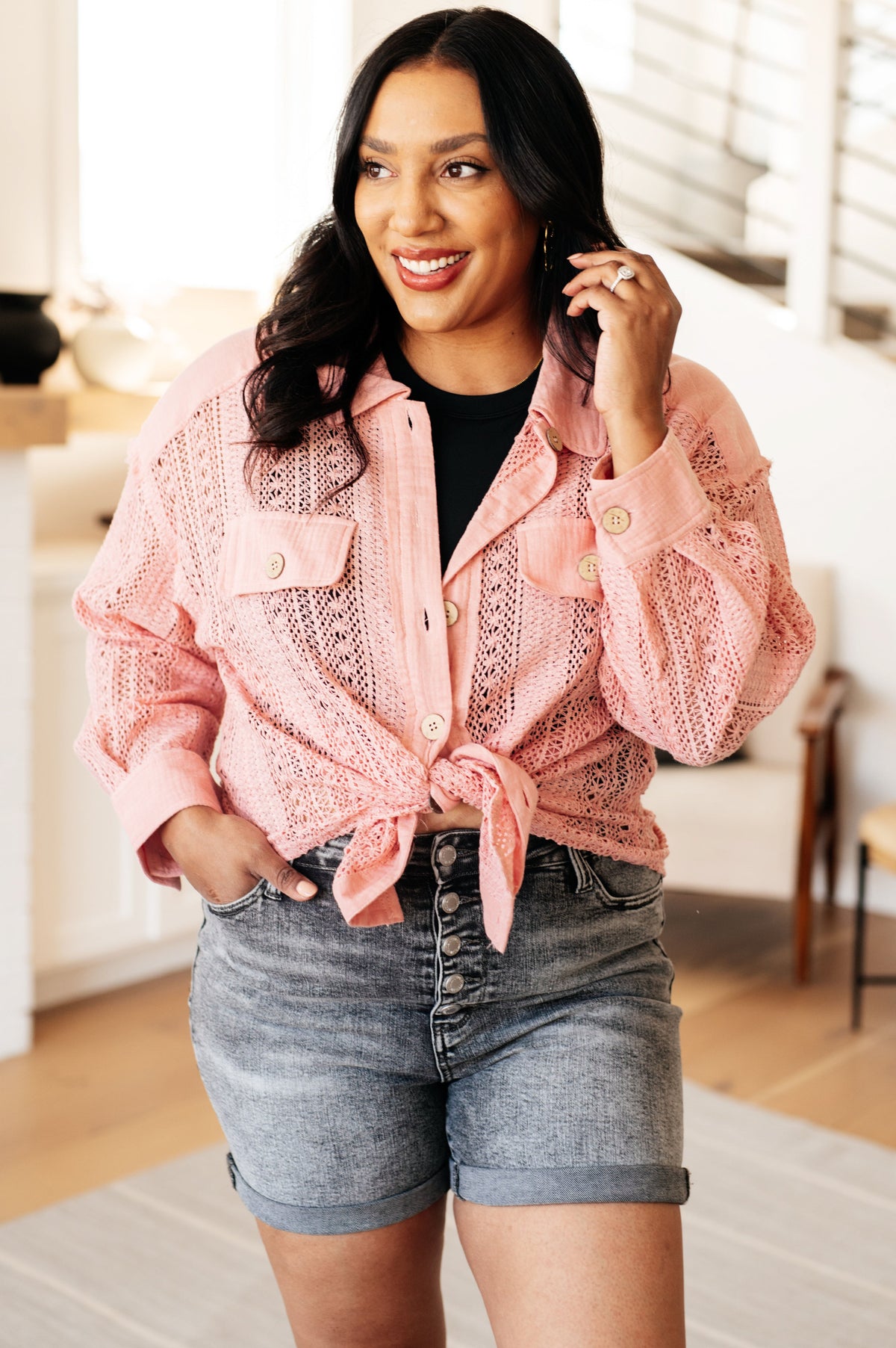 Sweeter Than Nectar Lace Button Down in Rose - Mack and Mav Boutique 