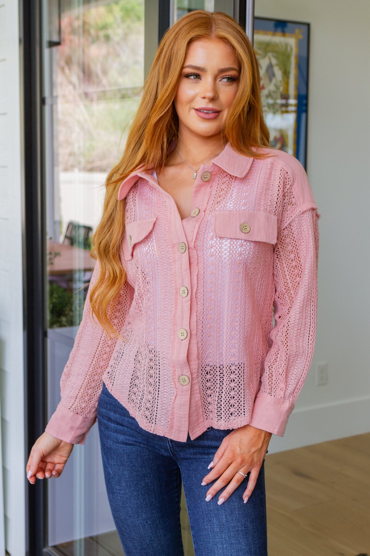 Sweeter Than Nectar Lace Button Down in Rose - Mack and Mav Boutique 