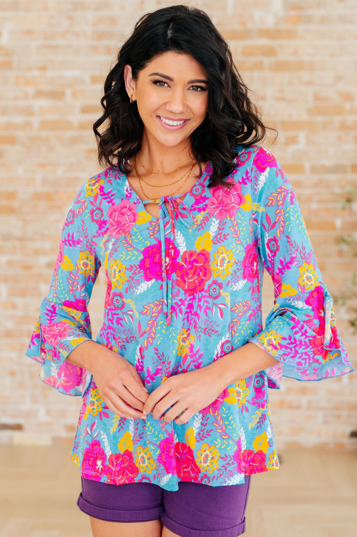Willow Bell Sleeve Top in Bright Blue Floral - Mack and Mav Boutique 