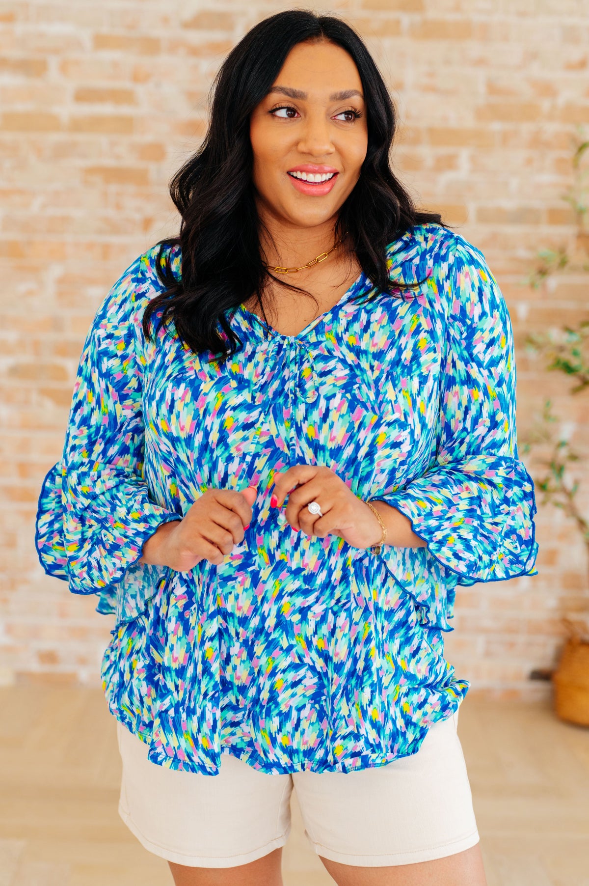 Willow Bell Sleeve Top in Royal Brushed Multi - Mack and Mav Boutique 