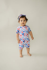 Bamboo Shorty Romper  | Red-White & Bows