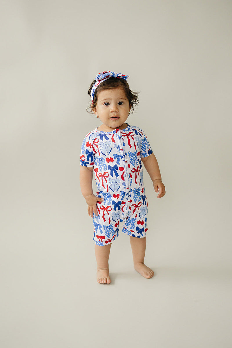 Bamboo Shorty Romper  | Red-White & Bows