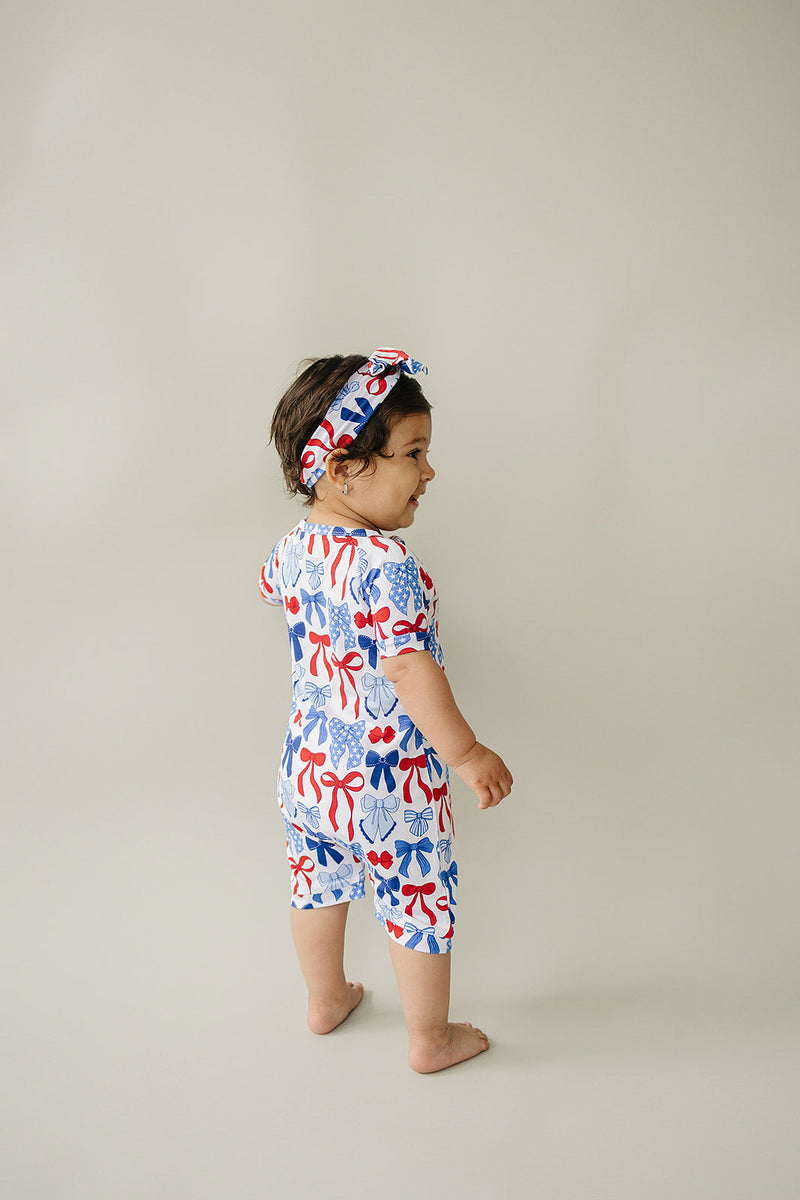 Bamboo Shorty Romper  | Red-White & Bows