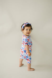 Bamboo Shorty Romper  | Red-White & Bows