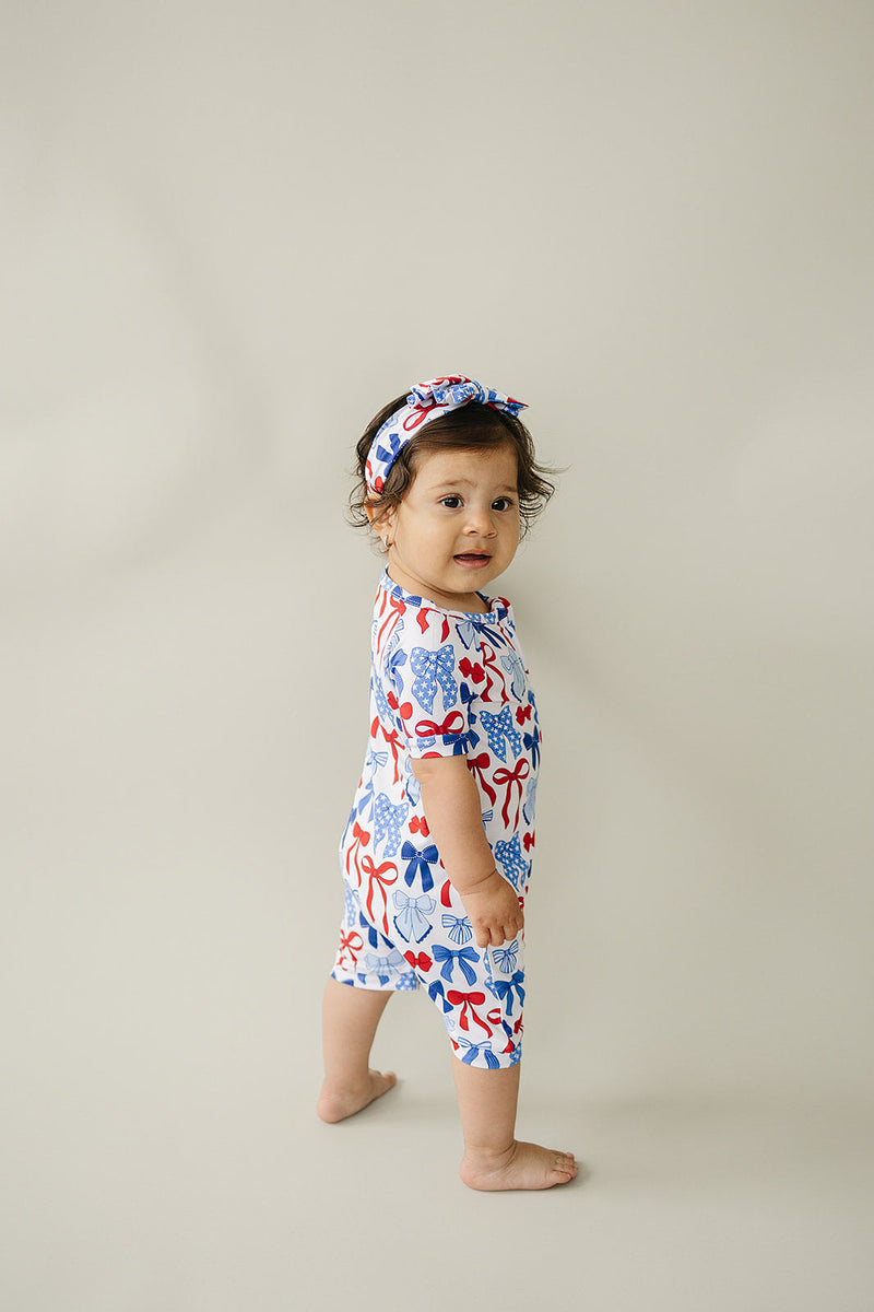 Bamboo Shorty Romper  | Red-White & Bows
