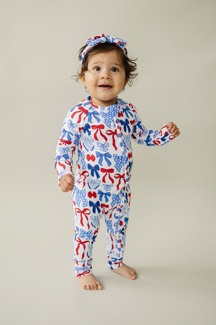 Bamboo Zip Romper  | Red-White & Bows