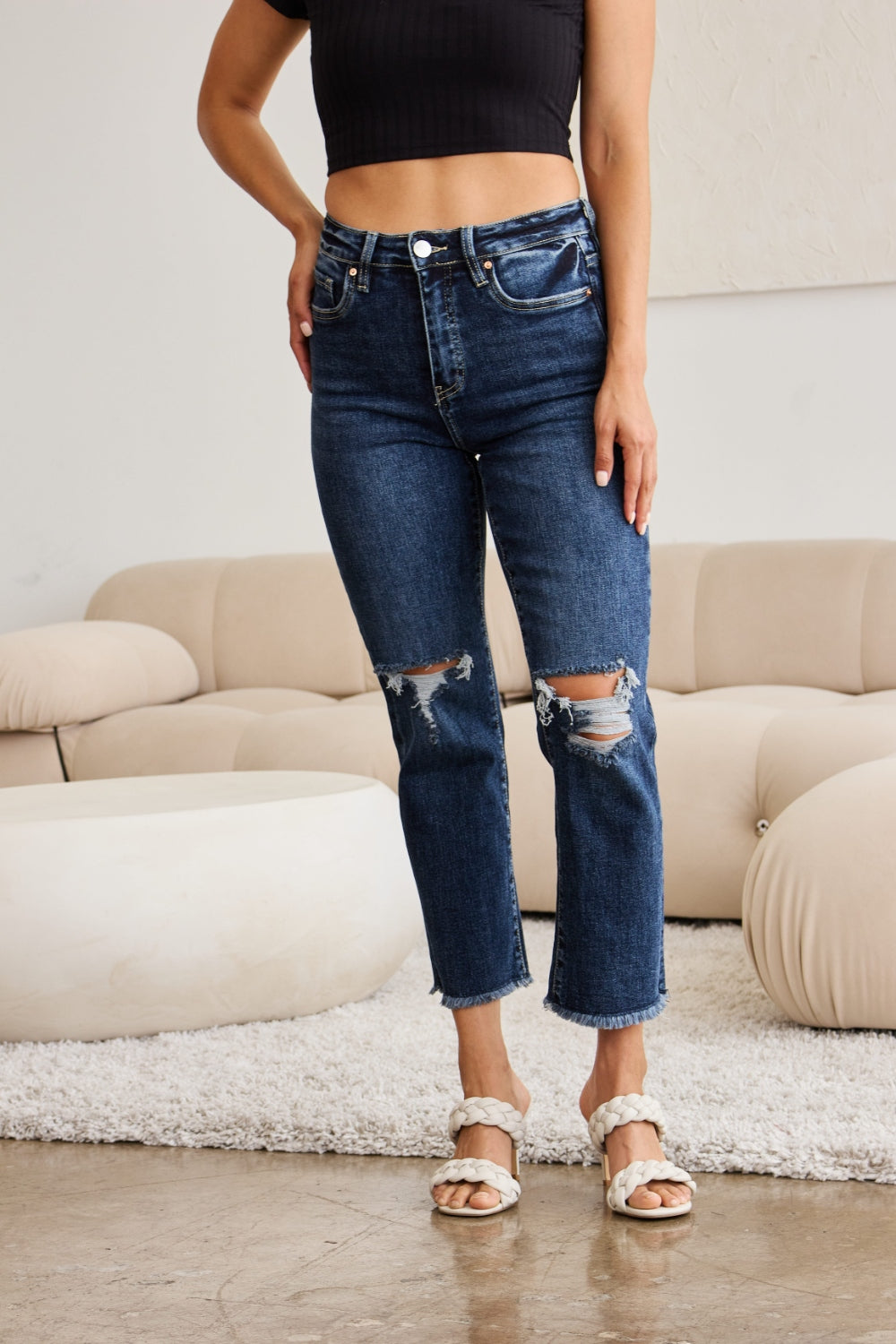 RFM Crop Dylan Full Size Tummy Control Distressed High Waist Raw Hem Jeans - Mack and Mav Boutique 