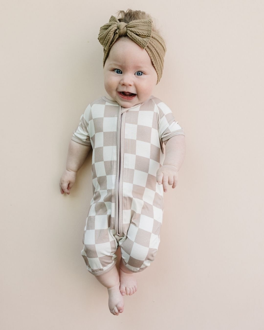 Bamboo Shorty Romper | Latte Checkered