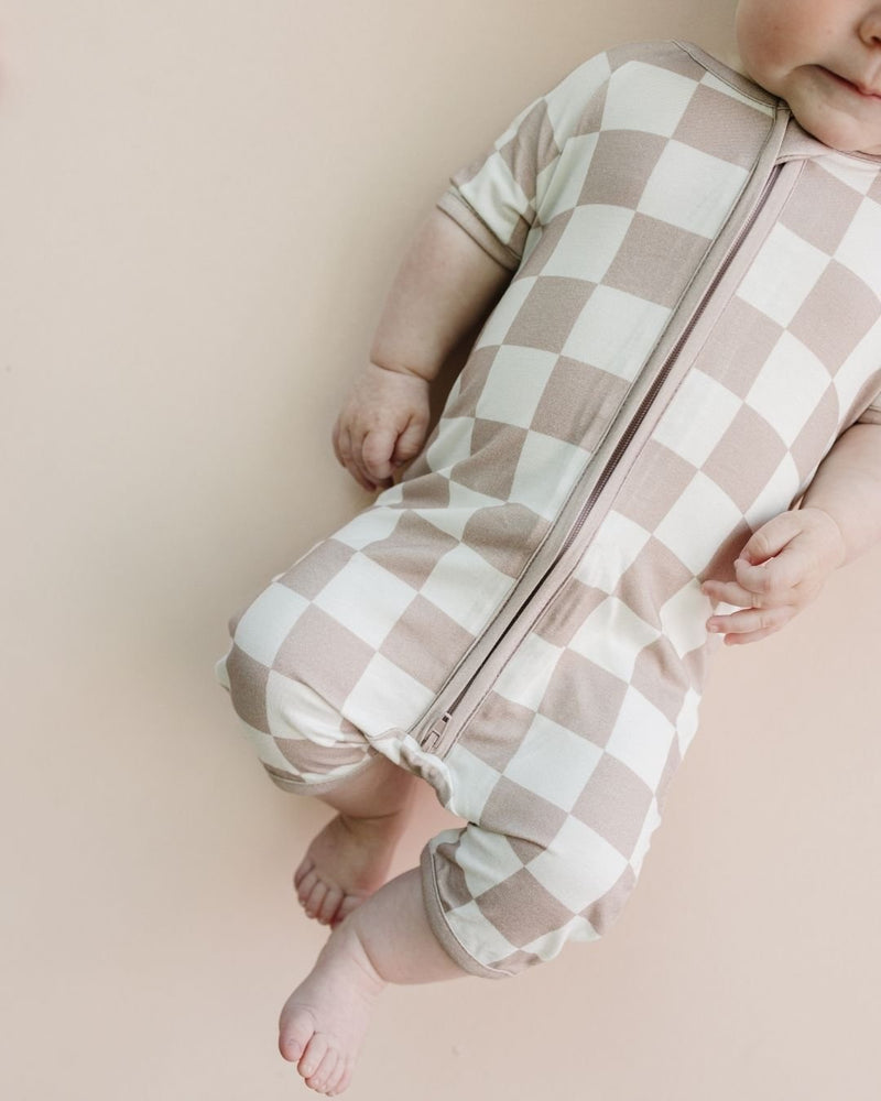 Bamboo Shorty Romper | Latte Checkered