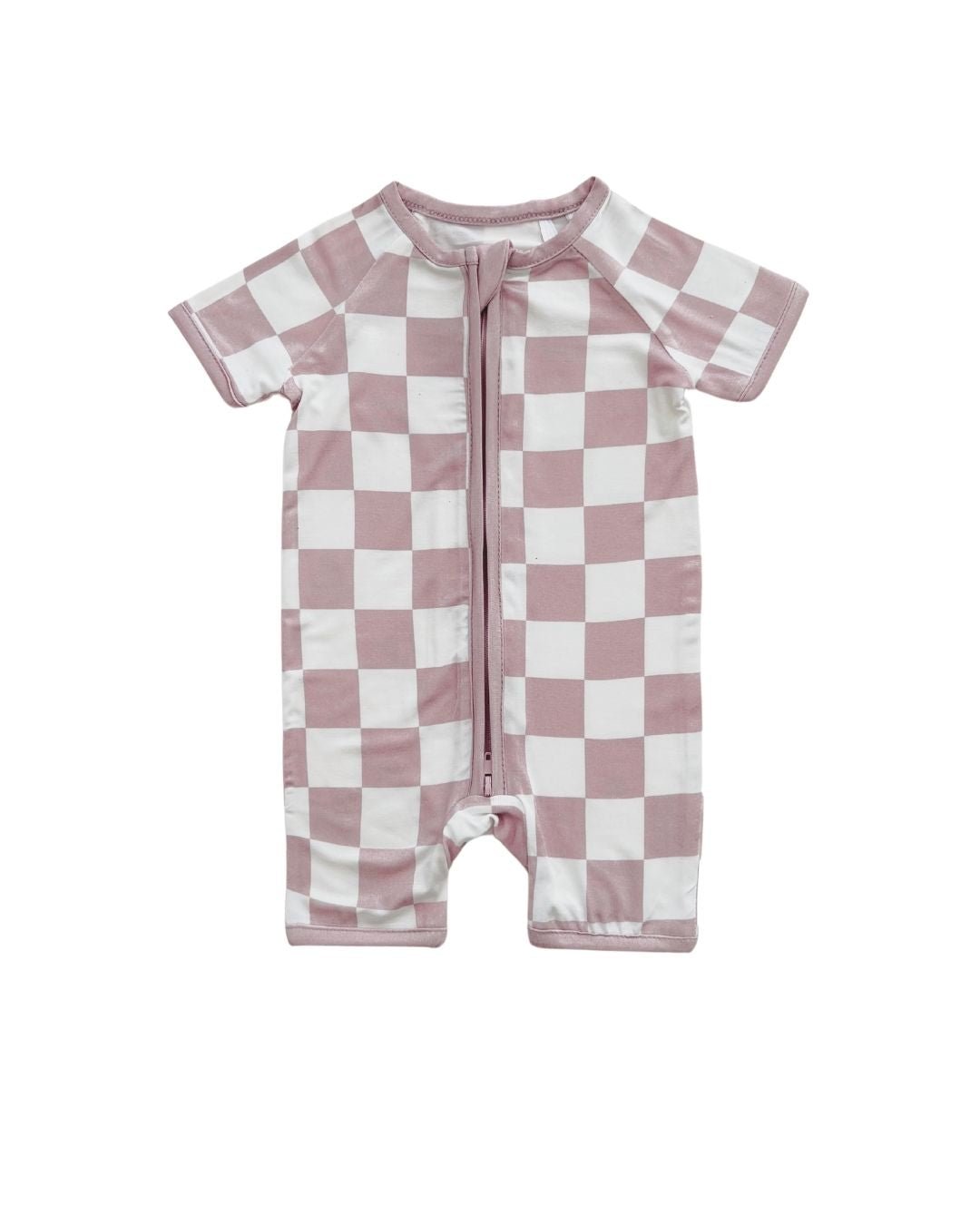 Bamboo Shorty Romper | Latte Checkered