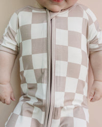 Bamboo Shorty Romper | Latte Checkered