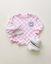 Bubble Romper | Checkered Smiley Pink