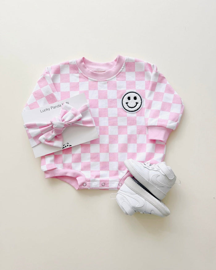 Bubble Romper | Checkered Smiley Pink