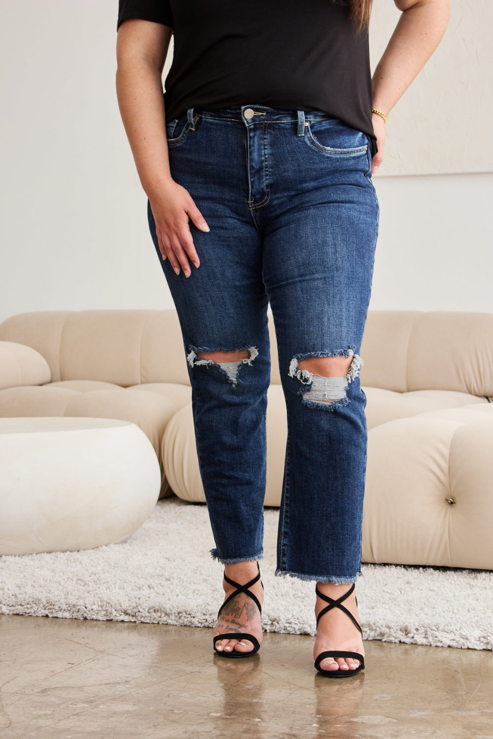 RFM Crop Dylan Full Size Tummy Control Distressed High Waist Raw Hem Jeans - Mack and Mav Boutique 