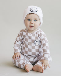 Checkered Smiley Lounge Set | Latte