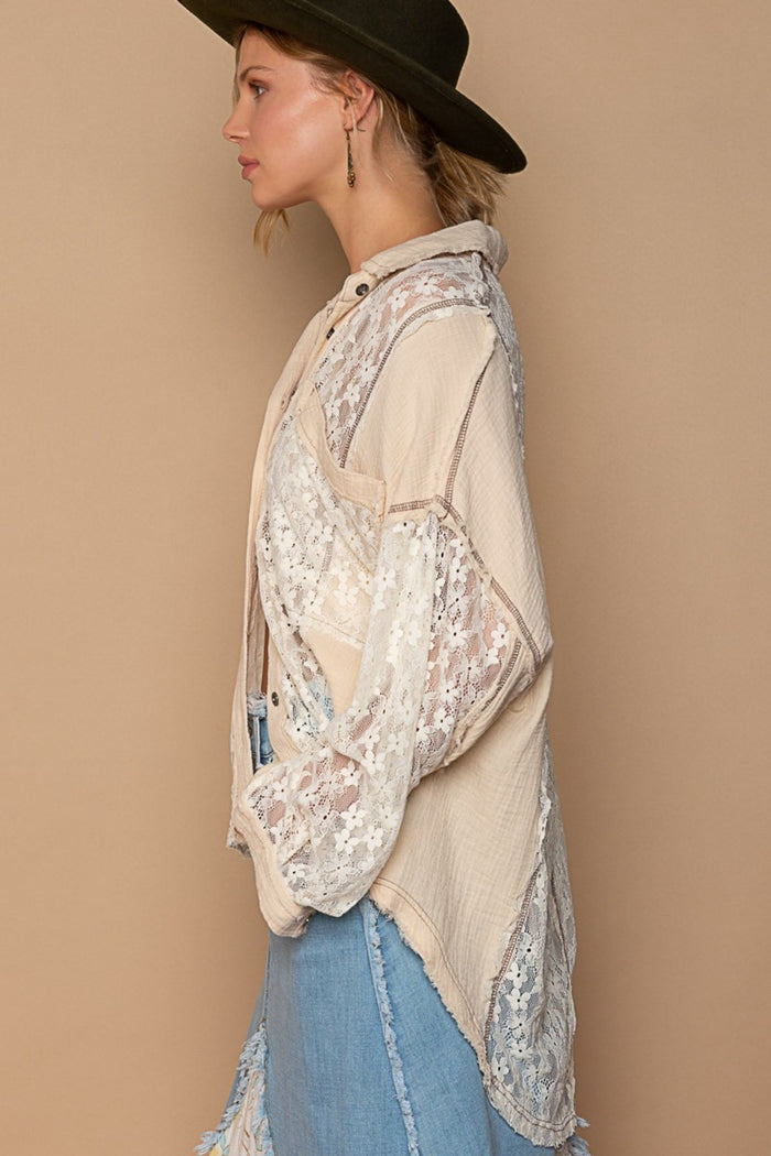 POL Oversize Lace Button-Down Shirt - Mack and Mav Boutique 