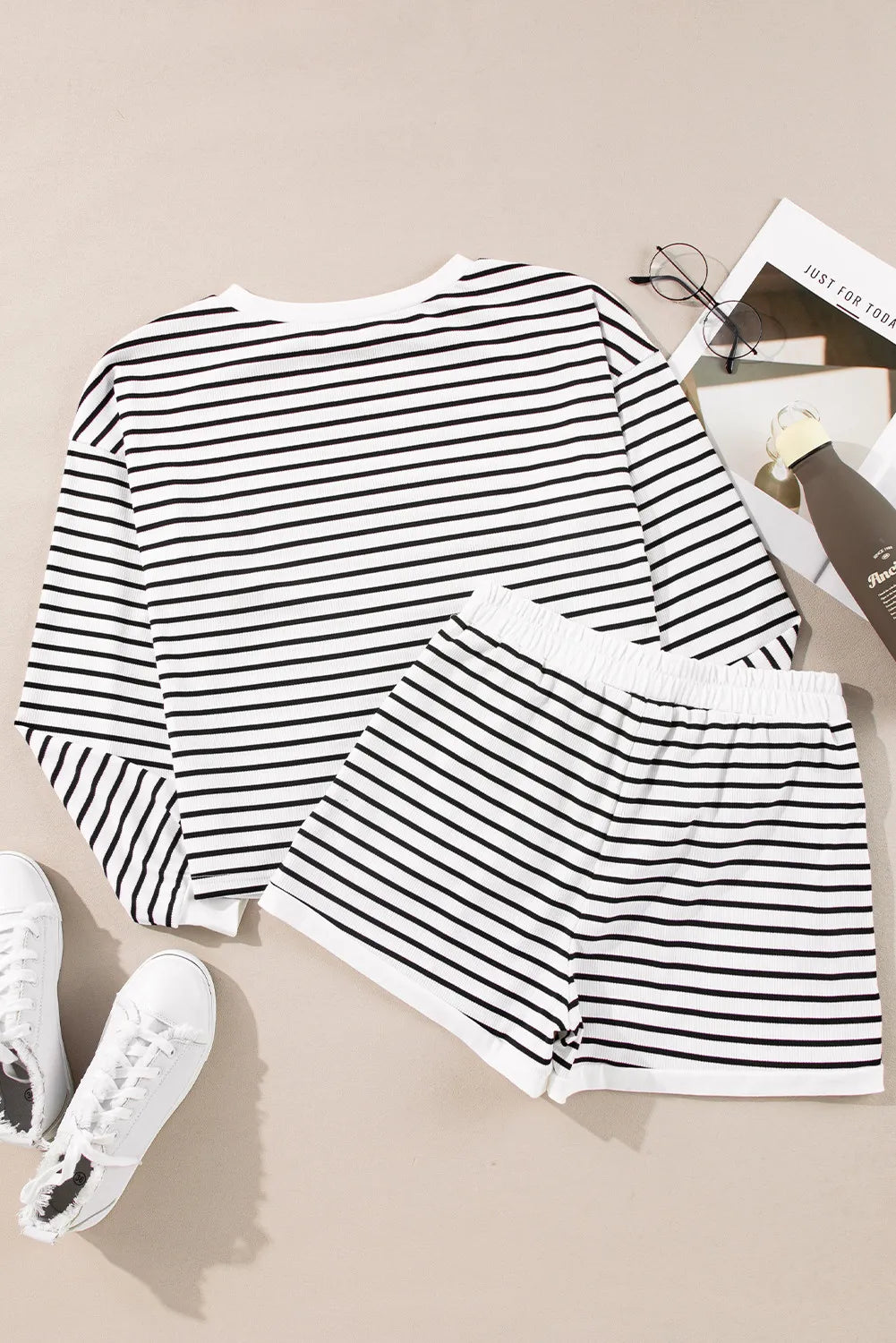 Striped Round Neck Long Sleeve Top and Shorts Set