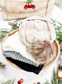 IN STOCK Carly Cable Knit Beanie - Tan - Mack and Mav Boutique 