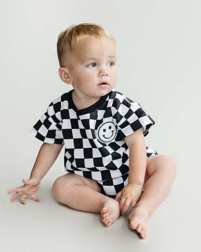 Short Sleeve Bubble Romper | Checkered Smiley Black