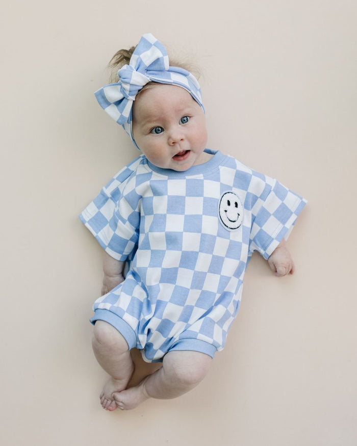 Short Sleeve Bubble Romper | Checkered Smiley Blue