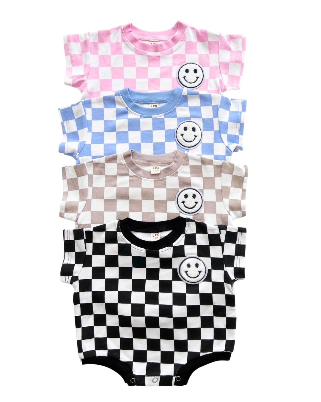 Short Sleeve Bubble Romper | Checkered Smiley Latte