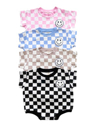 Short Sleeve Bubble Romper | Checkered Smiley Pink