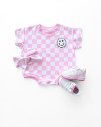 Short Sleeve Bubble Romper | Checkered Smiley Pink