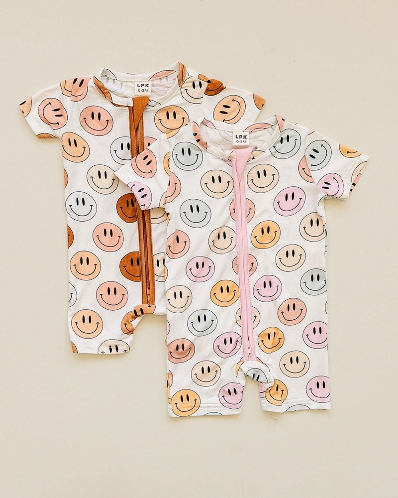 Smiley Bamboo Short Romper | Pink