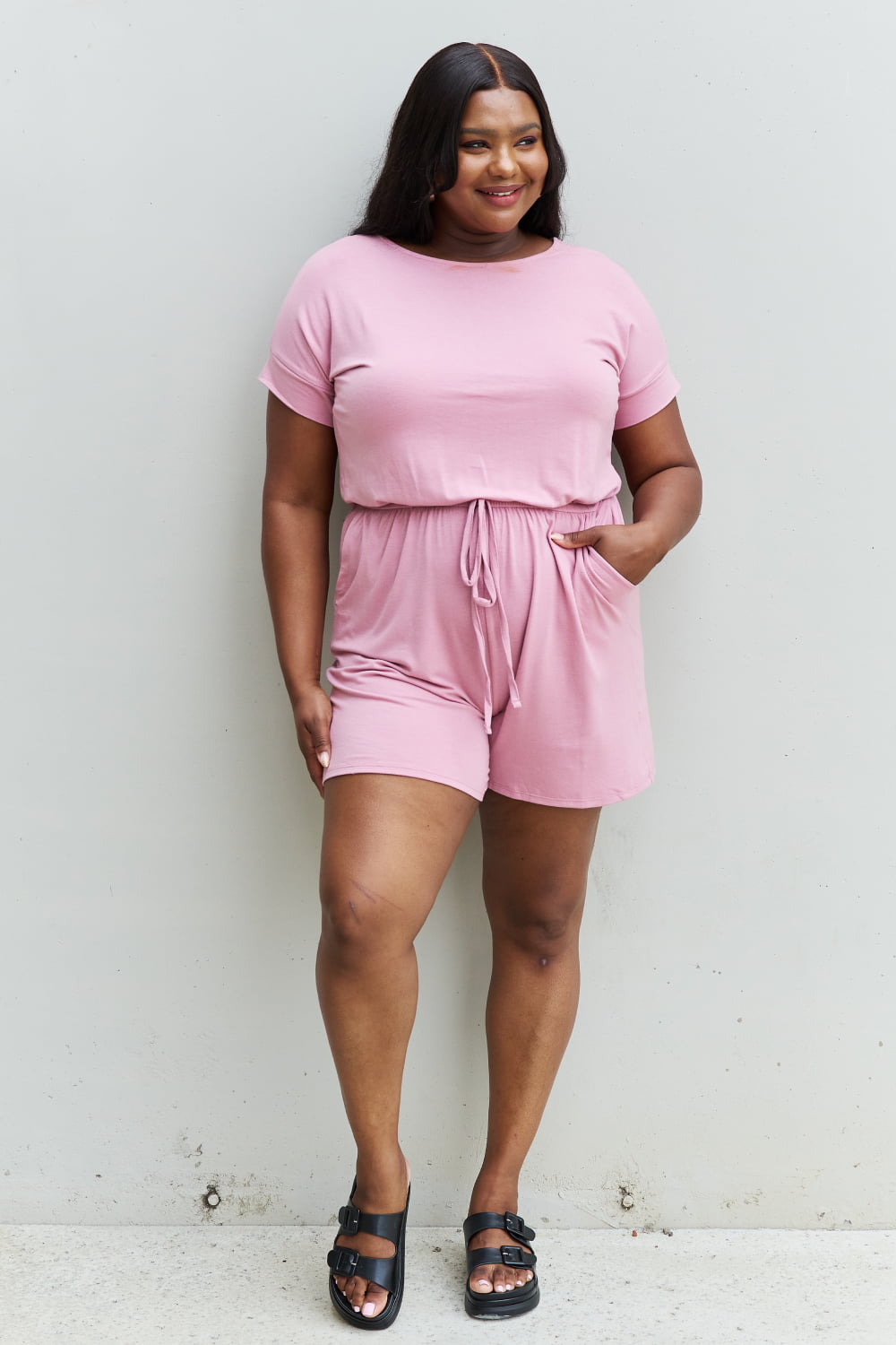 Zenana Chilled Out Full Size Short Sleeve Romper in Light Carnation Pink - Mack and Mav Boutique 