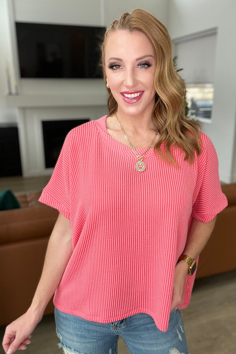 Textured Line Twisted Short Sleeve Top in Coral