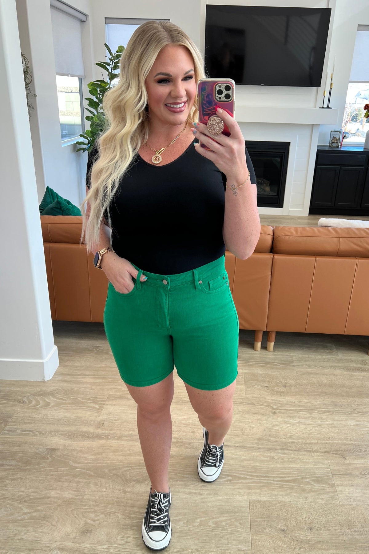 Jenna High Rise Control Top Cuffed Shorts in Green - Mack and Mav Boutique 