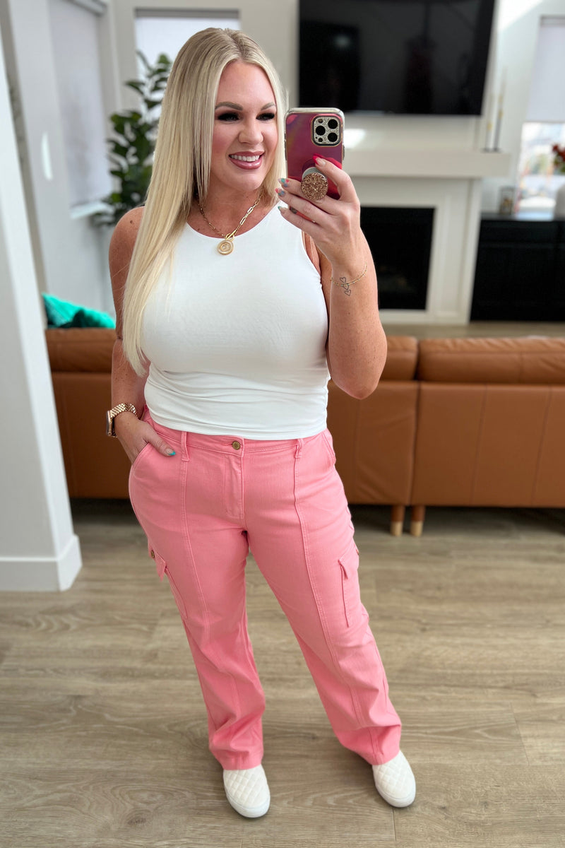 Peggy High Rise Cargo Straight Jeans in Pink - Mack and Mav Boutique 