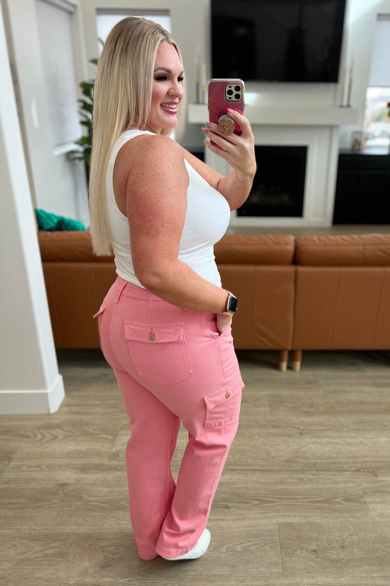 Peggy High Rise Cargo Straight Jeans in Pink - Mack and Mav Boutique 