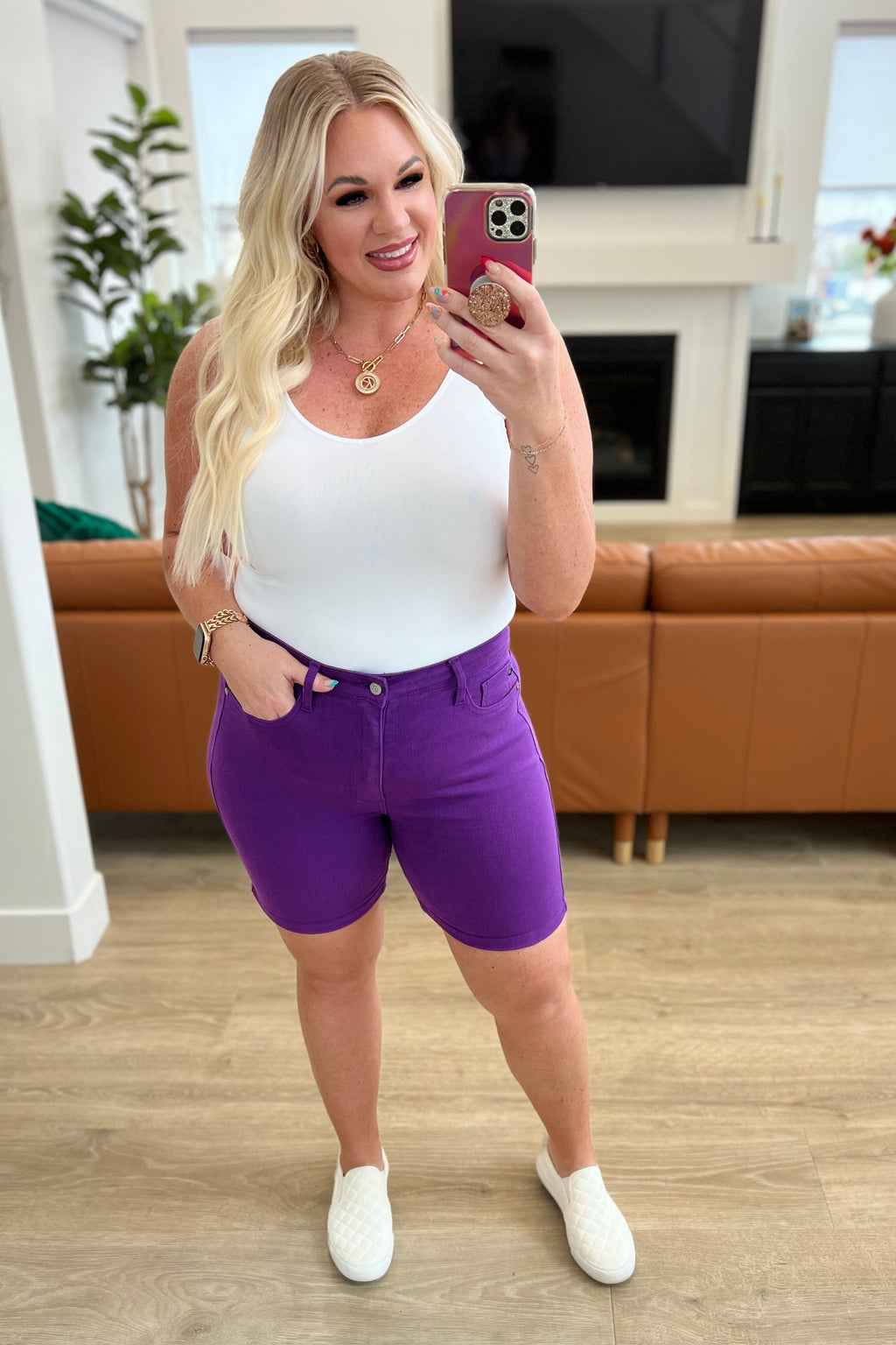 Jenna High Rise Control Top Cuffed Shorts in Purple