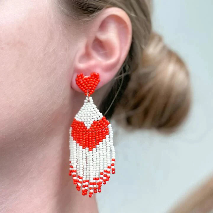 PREORDER: Seed Bead Tassel Heart Earrings in Two Colors